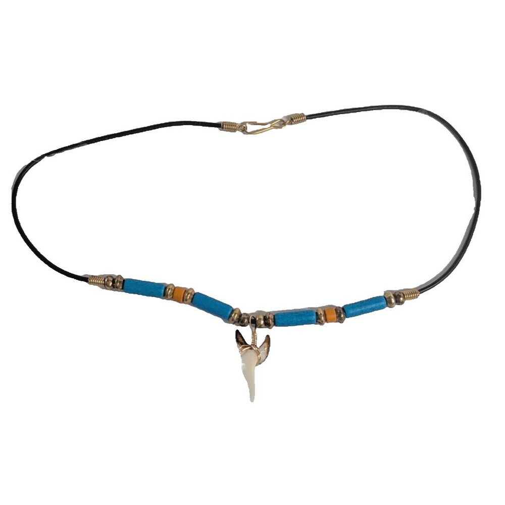 Shark Tooth Necklace Turquoise Color Orange Gold Beads Faux Leather 17-inch NEW